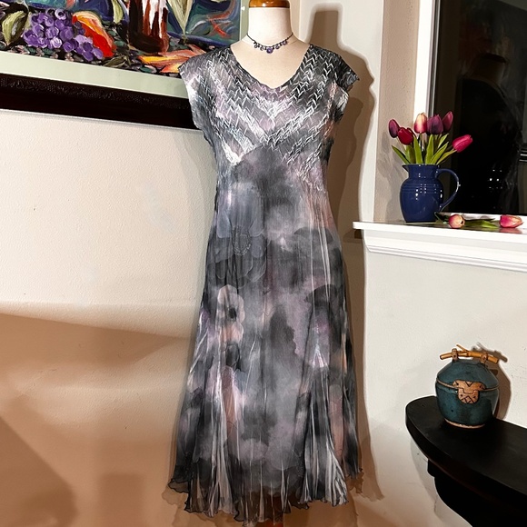 Komarov Dress & Eileen Fischer Silk Jacket Set - 50 Shades of Gray/ Blue/ Pink - Picture 2 of 14